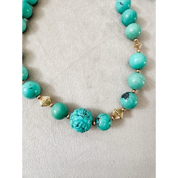 Vintage Chinese Turquoise Carved Shou Bead Strand Gold Plated Necklace - Picture 2 of 5